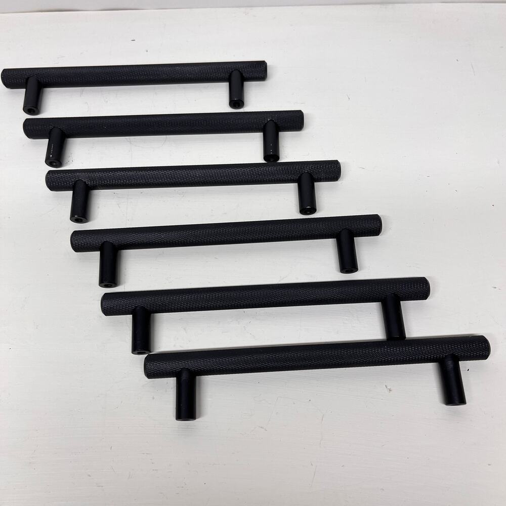 Set of 6 Steel Checkered Grip Drawer Pulls Black in Color